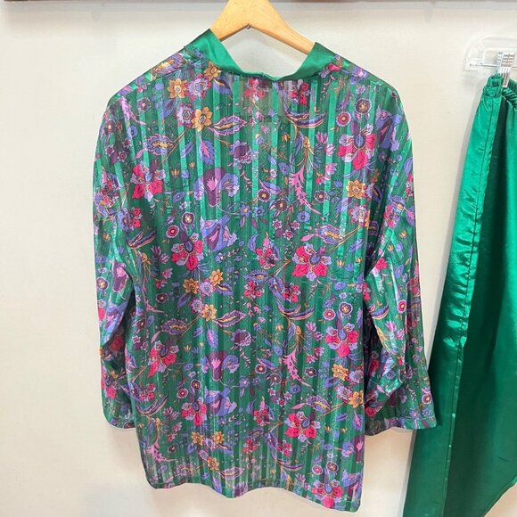Vintage Gold Label  Victorias Secret Green Floral Satin Pajama Set Medium - Picture 5 of 6